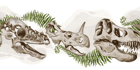  Seamless border with dinosaur skulls. Tyrannosaurus and traceratops skeletons are decorated with fern leaves. Fossils with background. Watercolor illustration. Hand drawn. © Alena Sid