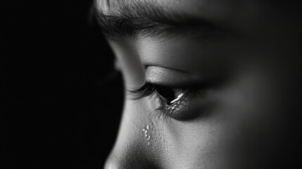 Obraz premium Close-up of a child's eye reflecting emotion with a tear highlighting sensitivity and innocence in black and white