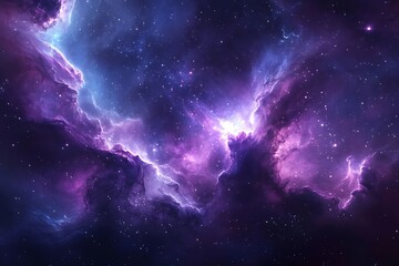 Fototapeta premium A breathtaking cosmic vista of swirling purple and blue nebulae illuminated by distant stars showcases the vast beauty and mystery of deep space.