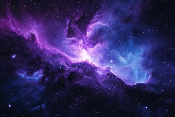 Fototapeta premium A breathtaking cosmic vista of swirling purple and blue nebulae illuminated by distant stars showcases the vast beauty and mystery of deep space.