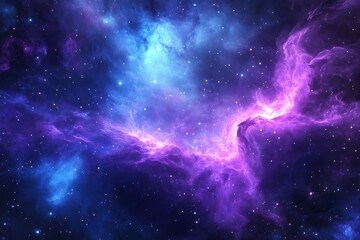 Fototapeta premium A breathtaking cosmic vista of swirling purple and blue nebulae illuminated by distant stars showcases the vast beauty and mystery of deep space.