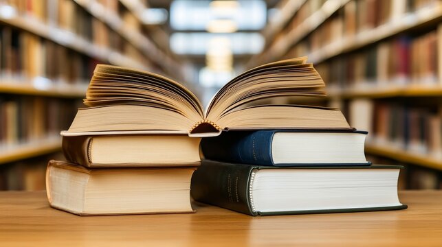 Timeless Knowledge: Old Books on Wooden Shelves, a Quiet Library Ambiance