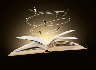 Question marks flying out of open book on gradient background