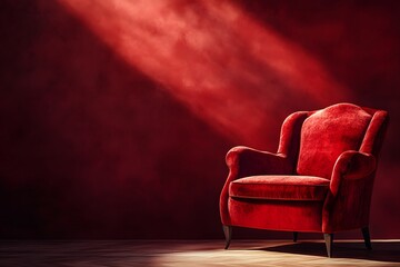 Red armchair on a stage with a spotlight shining down dramatic lighting.
