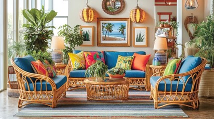 Obraz premium A coastal living space with bamboo furniture, bright tropical cushions, and hanging lanterns.