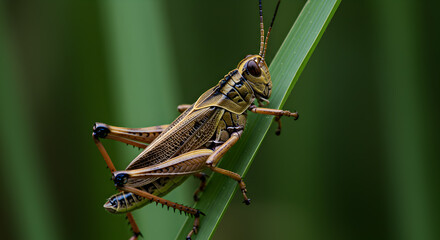 Close Up View Of A Grasshopper Perched On A Blade Of Green Grass