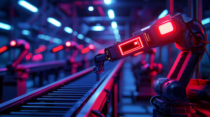 A futuristic robotic arm operates in a high-tech factory setting, illuminated by vibrant red and blue lights.