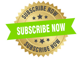 subscribe now. subscribe now round green and gold label isolated on transparent background