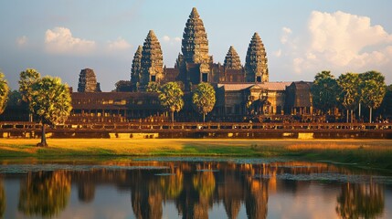 Obraz premium Angkor Wat sunrise, Cambodia, reflection, temple, travel, tourism, Asia, history, ancient
