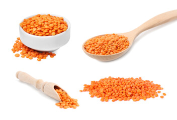Dry red lentils isolated on white, set