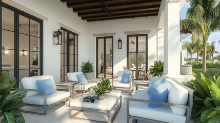 A cozy patio with soft blue throw pillows, white seating, and tropical greenery.