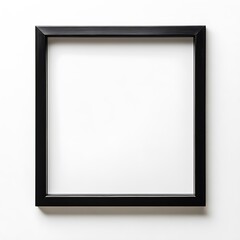Empty black photo frame with a blank canvas ready for artwork, portrait orientation on a white wall, ideal for showcasing designs.