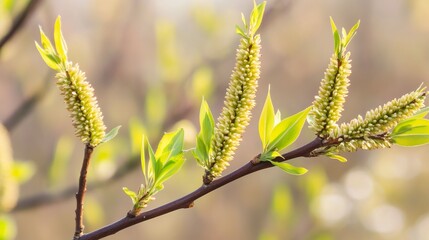 Naklejka premium Delicate Willow Branches with Fresh Green Leaves, Soft Sunlight, Blurred Spring Blossoms, Serene Natural Scene