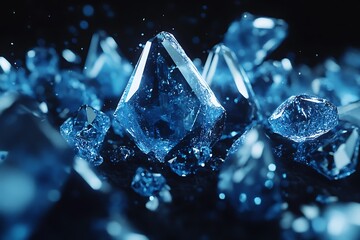 Close-up of blue sparkling crystals and diamonds with sharp facets reflecting light, creating a glamorous and luxurious texture.