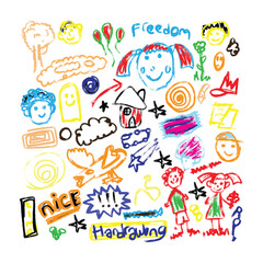 crayons and pencil texture, fun cute for children drawing style