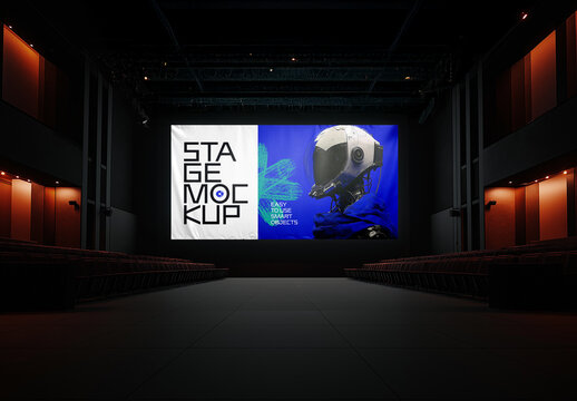 Robotic Tech-Themed Indoor Stage Mockup with Blue Highlight &mdash; High-Resolution Theater Banner Design for Branding and Digital Event Presentations