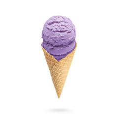 Yummy ice cream served in waffle cone in air on white background
