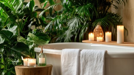 Obraz premium Serene Bathroom Oasis with Plants, Candles, and White Bathtub