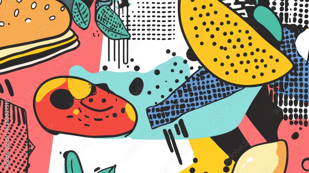 Poster Colorful Memphis-style pop-art background featuring abstract food shapes and geometric elements in a vibrant composition