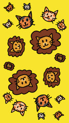 Cute Hand-Drawn Lions and Cats Pattern on Yellow Background