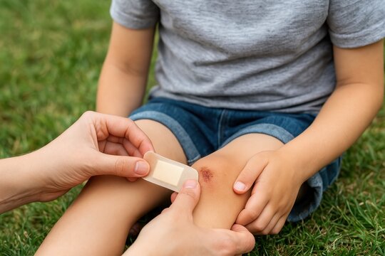 Mother applying plaster on child's injured knee after falling on grass