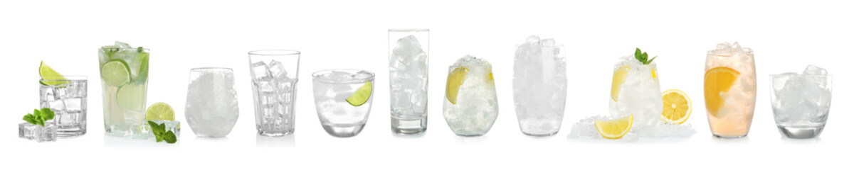 Glasses with ice cubes and refreshing drinks isolated on white, set