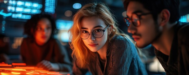 A group of young social entrepreneurs collaborating Innovative tech team collaboration urban office group meeting futuristic environment close-up view creative process