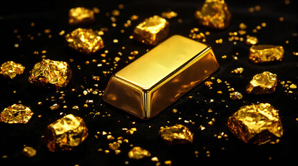 Shiny Gold Bar and Nuggets on Black Background