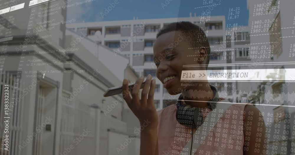 Poster using smartphone with encryption data animation overlay, smiling person in office
