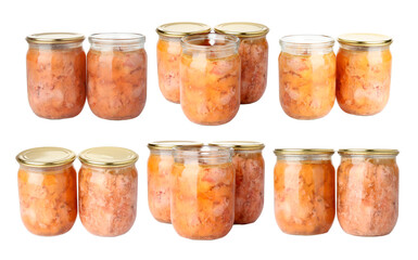 Canned meat in glass jars isolated on white, set