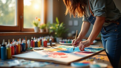 Fototapeta premium An artist painting on a large canvas in a sunlit studio, surrounded by colorful paint tubes and brushes, natural light highlighting the artwork