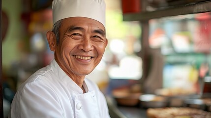 Smiling chef in uniform exudes warmth and professionalism, embodying culinary passion and expertise.
