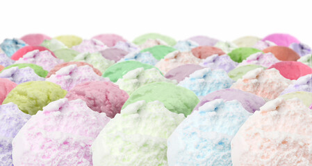 Yummy ice cream of different flavors. Colorful scoops on white background