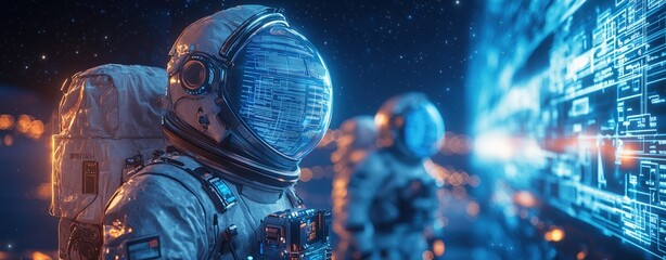 Exploring space astronauts engaged in data analysis orbiting earth digital environment futuristic concept
