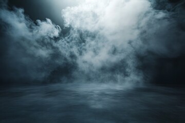 Dramatic scene of dark, stormy clouds rolling in over an empty, reflective surface, illuminated by a mysterious light from behind the clouds.