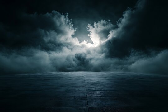 Dramatic scene of dark, stormy clouds rolling in over an empty, reflective surface, illuminated by a mysterious light from behind the clouds.