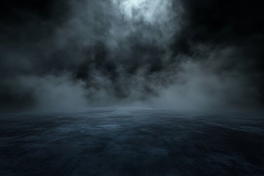 Dramatic scene of dark, stormy clouds rolling in over an empty, reflective surface, illuminated by a mysterious light from behind the clouds.