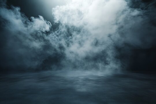 Dramatic scene of dark, stormy clouds rolling in over an empty, reflective surface, illuminated by a mysterious light from behind the clouds.