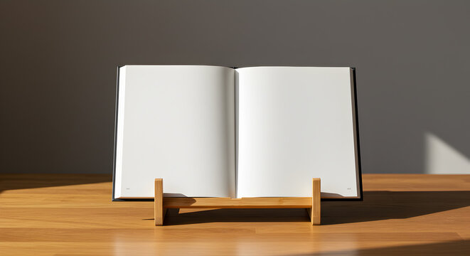 Blank Cookbook Mockup On Wooden Stand For Recipe Or Menu Presentation