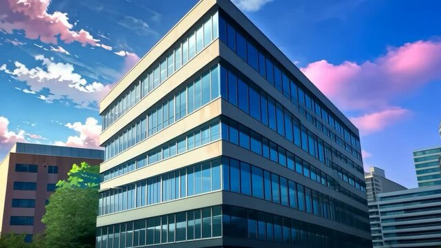Animated modern office building facade exterior under a vibrant sunset sky backdrop