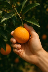 Male hand picking orange from tree
