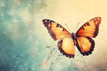 Orange Butterfly on a Web, Pastel Background
