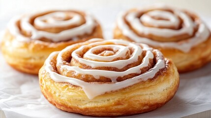 Fototapeta premium Delicious Cinnamon Rolls with Cream Cheese Frosting on White Parchment Paper in Warm Light