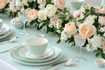 Global easter traditions concept. Elegant Easter Brunch Table Setting with Fresh Floral Arrangements