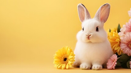 Obraz premium Cute White Bunny Surrounded by Bright Flowers on Yellow Background