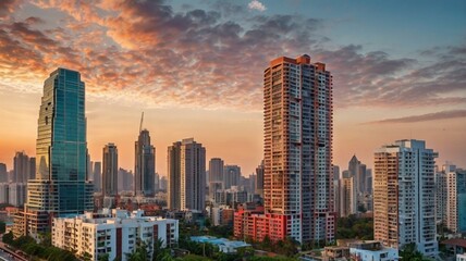 Shanghai's impressive skyline showcases modern skyscrapers and urban architecture under a cloudy Asian sky at sunset