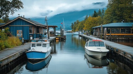 Naklejka premium Calm harbor, boats docked, misty mountains, waterfront shops