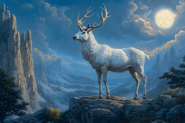 Obraz premium A majestic white deer stands atop a rocky mountain at night