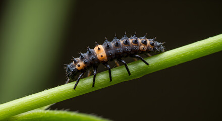 Detailed Macro of Ladybug Larva on a Vibrant Green Plant Stem