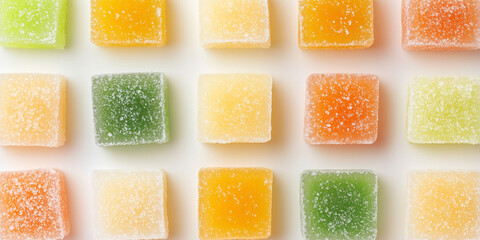 overhead view of neatly arranged colorful fruit jelly cubes in grid pattern with sugar coating and various citrus and berry flavors